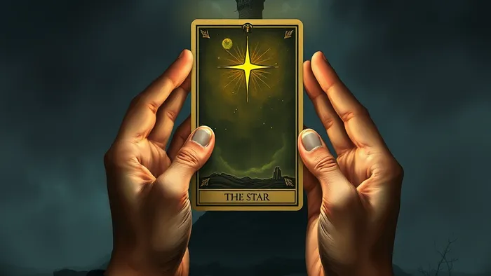 Символическое изображение поддержки: две руки держат светящуюся карту Таро Звезда в штормовом пространстве, на фоне рушащейся башни и ростка нового растения.