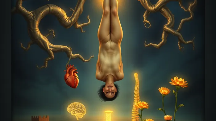 Мистическое изображение аркана Повешенный в контексте здоровья: фигура висит вниз головой на ветвях светящегося дерева, внизу — символы тела и исцеления.