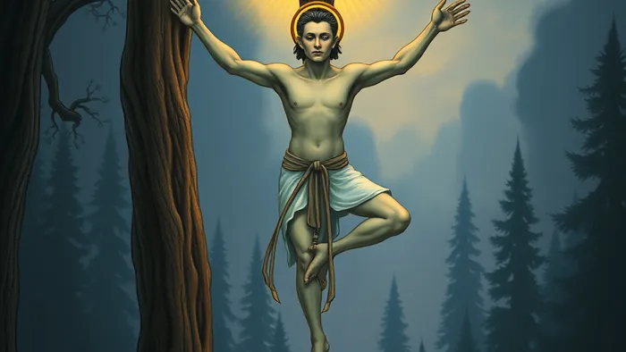 Детальное изображение аркана Повешенный из Таро: фигура висит вниз головой на живом дереве, выражение лица безмятежное, вокруг головы нимб света