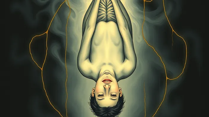 Символическое изображение аркана Повешенный Таро, отражающее концепцию добровольной паузы, внутреннего просветления и работы с тенью в юнгианской психологии.