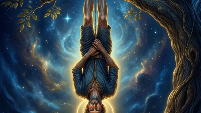 Стилизованное изображение аркана Повешенный Таро: фигура висит вниз головой на ветви дерева на фоне звёздного неба, лицо спокойное, вокруг головы золотой нимб.