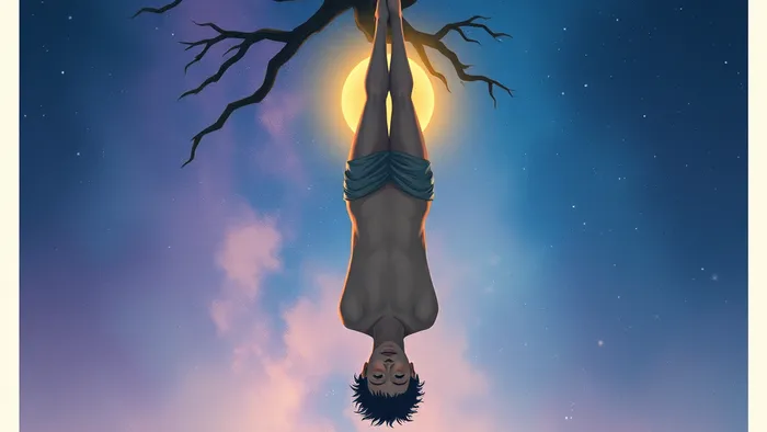Символическое изображение Аркана Повешенный из Таро: фигура в состоянии добровольной медитативной паузы, подвешенная к живому дереву на фоне космического неба.