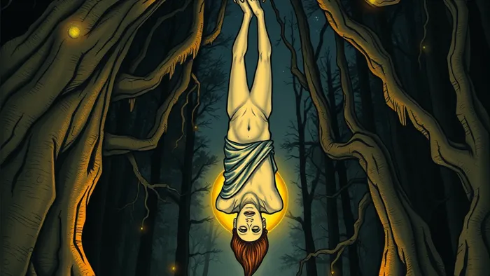 Символическое изображение аркана Повешенный из Таро: фигура в спокойной медитации, подвешенная за ногу к древнему дереву в ночном лесу, с золотым ореолом вокруг головы.