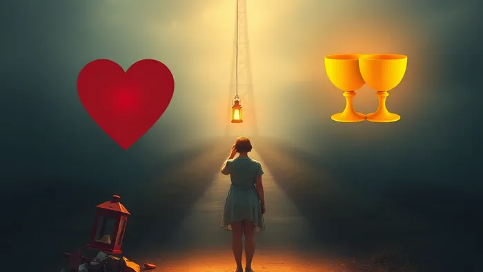 Символическое изображение выбора: человек на перепутье между разрушенной Башней (прошлая боль) и дорогой к двум соединённым кубкам (новый союз).