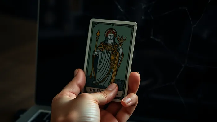 Символическая иллюстрация: карта Таро отражается в треснувшем экране рабочего ноутбука, показывая скрытый урок за конфликтом.