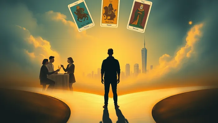 Символическое изображение выбора на перепутье: тёплый путь с близкими людьми и холодный путь к карьерному успеху вдали. Вокруг парящие карты Таро: Колесница и Отшельник.