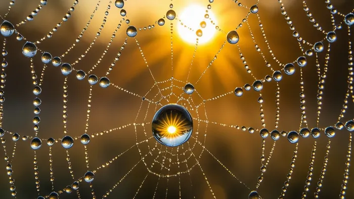 Множество солнц в каплях росы на паутине как символ отражения аркана Солнце в повседневных мелочах