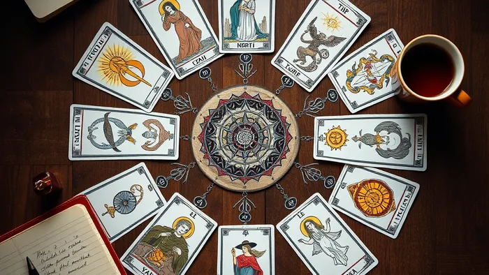 Годовой расклад Таро по кругу на деревянном столе с журналом для записей и свечой