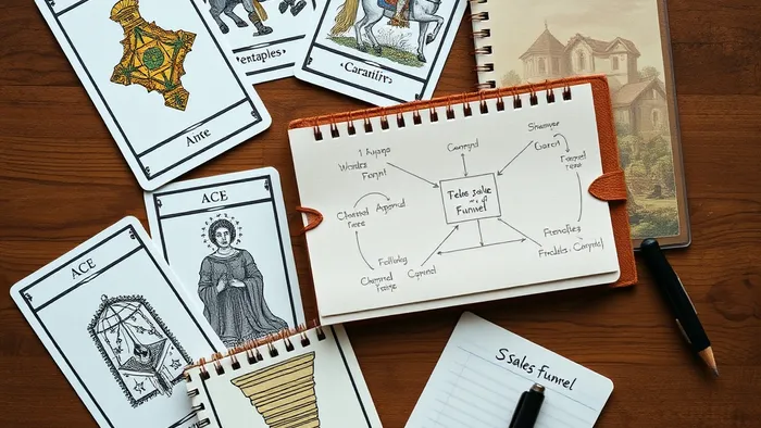 Расклад карт Таро на тему продаж: Туз Пентаклей, Колесница и Королева Пентаклей лежат на схеме анализа сделки.