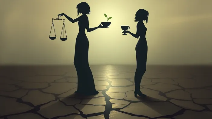 Символическое изображение двух женщин спиной друг к другу на фоне треснувшей карты Таро, между ними начинает формироваться мост из света. Конфликт и возможное примирение.