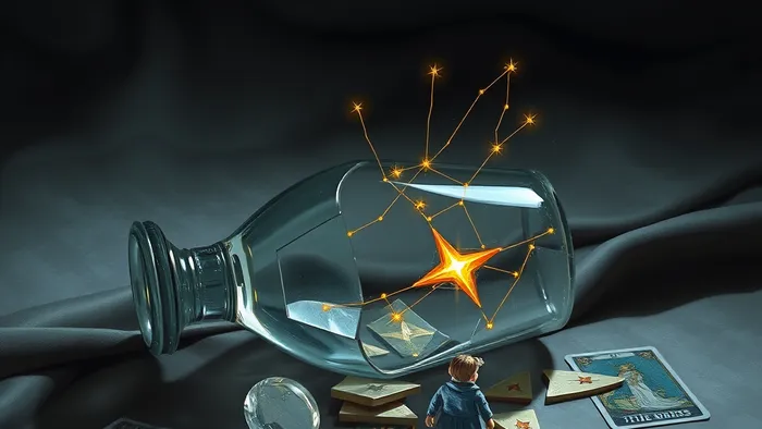 Символическое изображение темы предательства в Таро: разбитая хрустальная ваза, скреплённая золотыми нитями света в форме карты Звезда, на фоне теней расходящихся людей и символов карт Тройка Мечей и Семёрка Мечей.