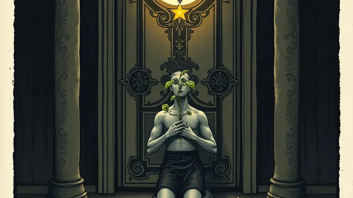 Символическое изображение в стиле Таро: человек перед закрытой дверью, из его груди пробивается росток надежды, рядом лежат обломки меча — символы боли и предательства.