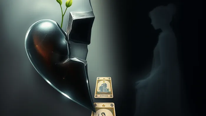 Символическое изображение разбитого стеклянного сердца с ростком и призрачного силуэта женщины, разделённых хрупким мостом из карт Таро.