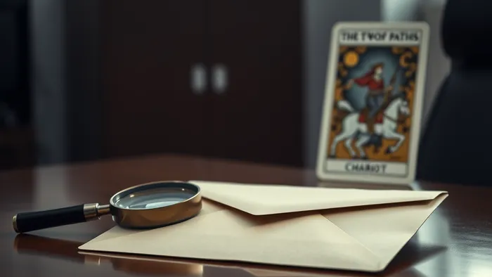 Конверт с предложением о поглощении на столе рядом с лупой и картой Таро Колесница, символизирующей сложный выбор пути.