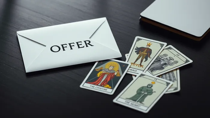 Рабочий стол с деловым конвертом и раскладом из пяти карт Таро, символизирующими дилемму поглощения бизнеса.