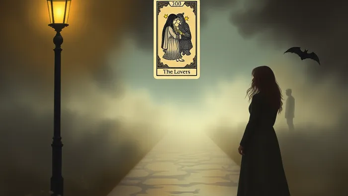 Символическое изображение выбора: женщина на перекрёстке между светом нового предложения и туманом прошлого, над ней парит карта Таро 'Влюблённые'.