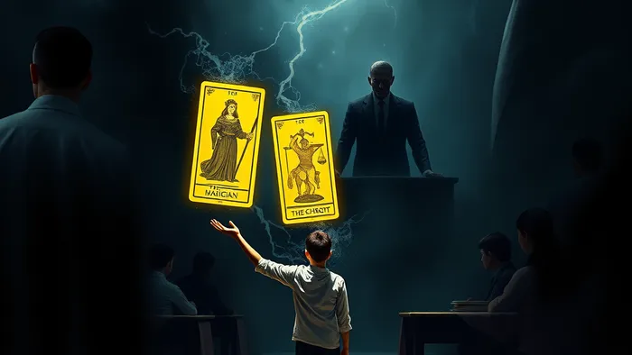 Символическое изображение студента, использующего архетипы карт Таро (Маг, Правосудие, Колесница) как защиту и инструменты в напряженной обстановке экзаменационной аудитории.