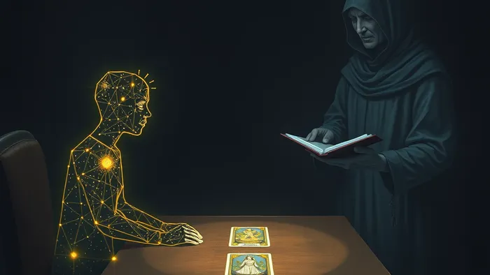 Символическое изображение студента и преподавателя на экзамене, представленных через архетипы и символы карт Таро: Колесница, Справедливость, Сила, Жрица.