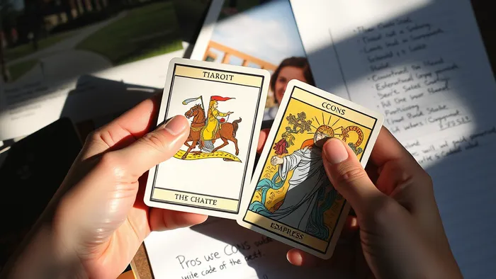 Руки молодого человека держат карты Таро Колесница и Императрица на фоне брошей вузов и списка за и против