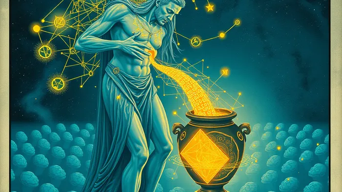Архетип Водолея в Таро: андрогинная фигура, льющая поток света и данных из сосуда в сеть соединённых разумов на фоне космоса.