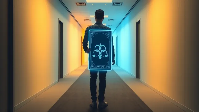 Символическое изображение выбора карьеры: человек на перекрёстке двух светящихся офисных коридоров держит в руках светящуюся карту Таро Двойка Пентаклей.