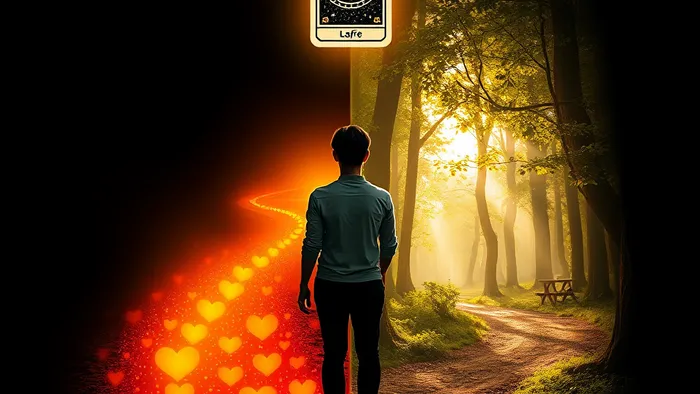 Символическое изображение человека на перепутье между цифровым миром знакомств через приложения и органичным миром реальных встреч. Над головой парит карта Таро 'Влюбленные'.