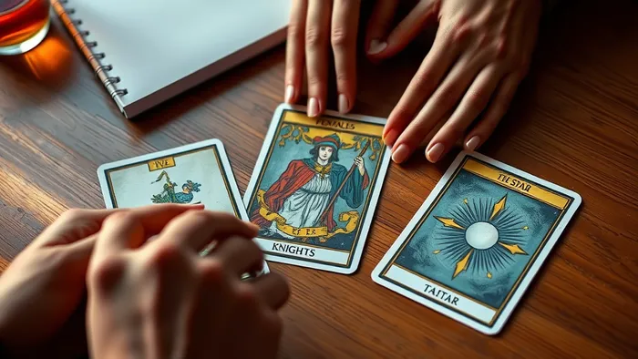 Подробный разбор расклада Таро на будущее: руки раскладывают три карты - Пятерку Пентаклей, Рыцаря Кубков и Звезду.