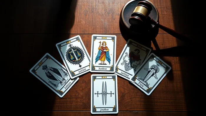 Расклад из семи карт Таро на деревянном столе, включающий аркан Справедливость и Пять Мечей, рядом лежит судейский молоточек. Композиция символизирует гадание на судебный процесс.