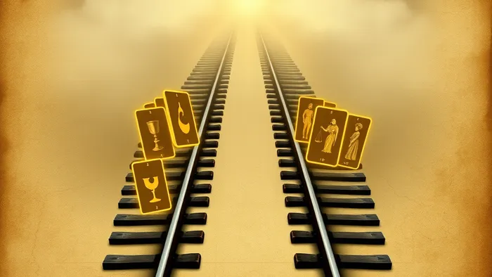 Символическое изображение расклада Таро «Вокзал для двоих»: две расходящиеся железнодорожные колеи на старой карте, на которых вместо шпал лежат семь светящихся карт Таро.