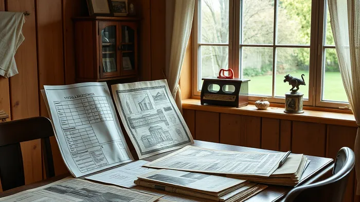 Документы для доказательства приобретательной давности: квитанции, расписки, фотографии дома, разложенные на деревянном столе.