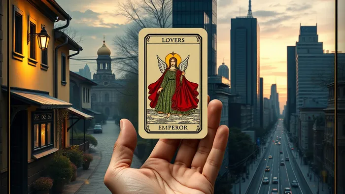 Символическое изображение дилеммы выбора: уютный маленький город и динамичная Москва, соединённые картой Влюблённых Таро в центре.