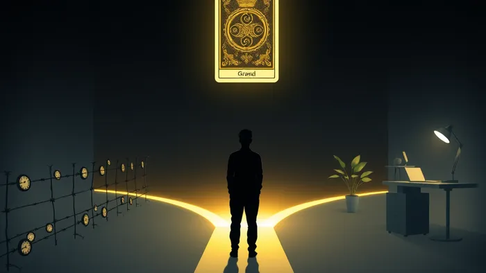 Символичное изображение выбора на работе: человек на распутье между путём к короне (признание) с часами и колючей проволокой и спокойным путём с лампой и растениями. Между путями парит карта Таро 'Двойка Пентаклей'.