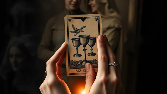 Символическое изображение работы с ревностью через Таро: руки в настоящем держат карту Шестерка Кубков над размытым фото из прошлого, призрачные фигуры растворяются на фоне.