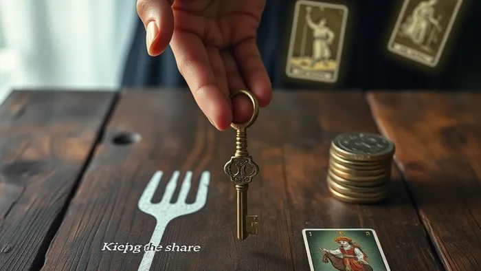 Символический выбор: оставить ключ от доли или взять деньги. На фоне парят карты Таро Правосудие, Колесница и Отшельник.