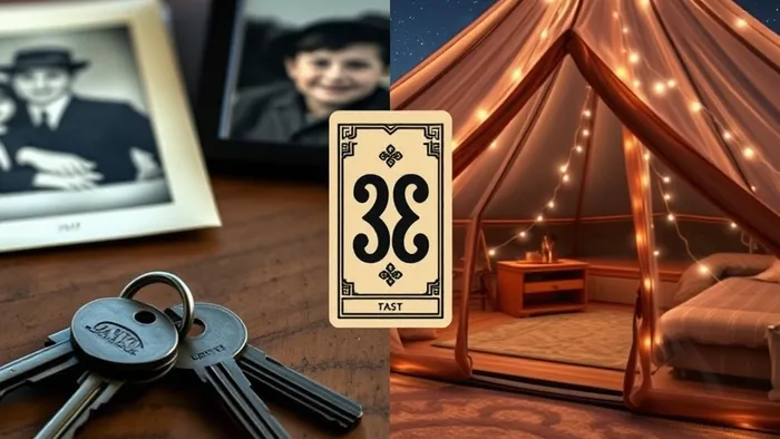 Символическое разделённое изображение: старые ключи от квартиры и современный глэмпинг под звёздами, разделённые картой Таро Двойка Пентаклей.