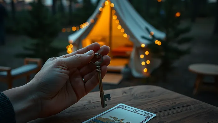 Символическое изображение выбора между ключом от наследства и картой Таро Колесница на фоне уютного глэмпинга в лесу