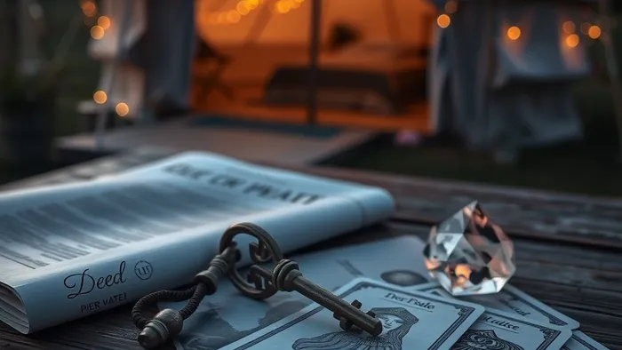 Старый ключ и документы на недвижимость рядом с картами Таро Императрица и Двойка Пентаклей, на фоне размытого изображения глампинг-шатра в сумерках.