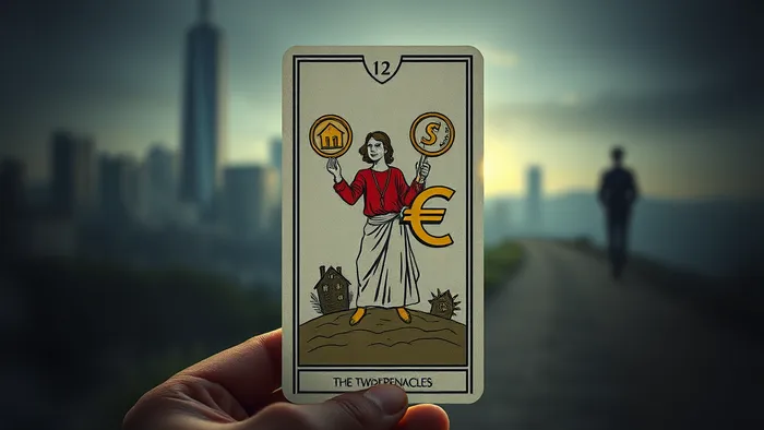 Символическое изображение карты Таро Двойка Пентаклей как выбор между продажей квартиры (ключ) и переездом в Германию (евро). Две дороги расходятся в фоне.