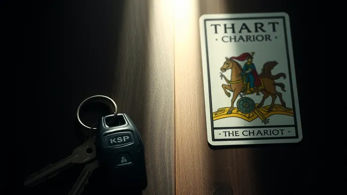 Символичное изображение выбора: ключи от машины и карта Таро Колесница лежат на столе в луче света.