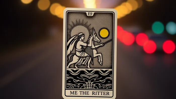 Символическое изображение: карта Таро Колесница плавно перетекает в билет на общественный транспорт на фоне ночного города.