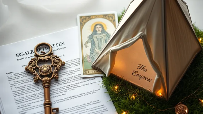 Символичное изображение выбора между ключом от наследной квартиры и палаткой для глэмпинга на фоне карты Таро Императрица.