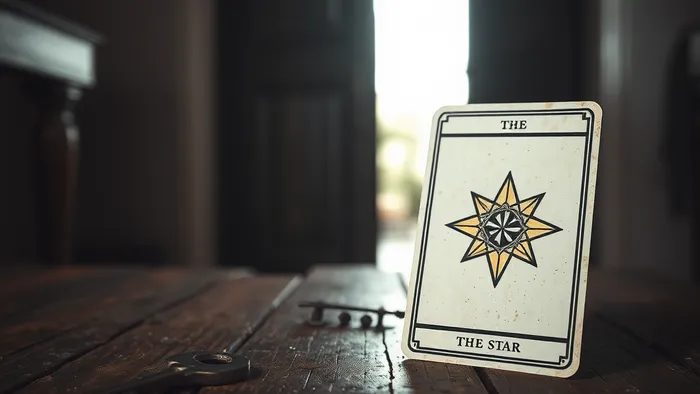 Старый ключ и карта Таро 'Звезда' на деревянном столе. Дверь дома приоткрыта на фоне. Символика выбора, памяти и надежды.