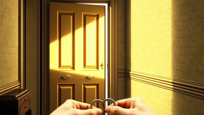 Символическое изображение выбора при переезде: порог между старой и новой жизнью, карты Таро и ключ как символы решения.