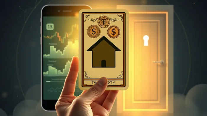 Символическое изображение в стиле карты Таро: слева — графики акций на экране телефона, справа — дверь в квартиру, в центре — рука с картой, объединяющей оба символа.