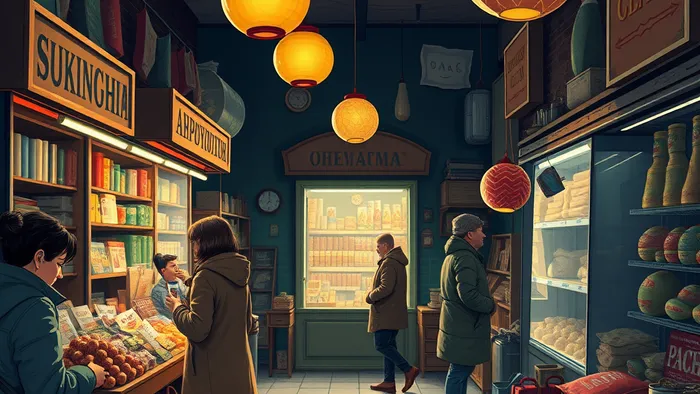 Иллюстрация: контраст между тёплой, живой сценой локальных продаж на рынке и холодным, пустым монитором с сайтом. Над сценой парят три карты Таро — Император, Маг, Отшельник.