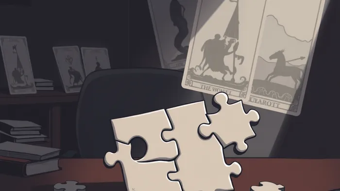 Символическое изображение офисного проекта в виде пазла: часть деталей складывается гармонично, часть вызывает напряжение и трещины. На фоне — полупрозрачные образы карт Таро: Башня, Звезда, Колесница.