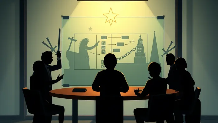 Символическое изображение командного конфликта в офисе: фигуры людей у доски с проектом, отбрасывающие тени в виде арканов Таро, означающих раздор и потенциал.