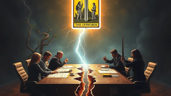 Символическая иллюстрация в стиле карты Таро: расколотый офисный стол, по одну сторону — сотрудники работают вместе, по другую — конфликт, над всем парит светящаяся карта Таро.