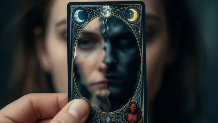 Концептуальное изображение: человек смотрится в отражение карты Таро как в зеркало, видя в ней свои тени и проекции.