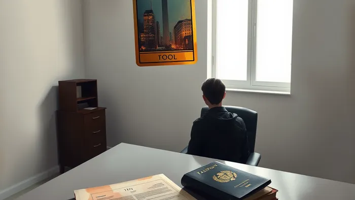 Символическое изображение профессиональной дезориентации: человек в новой обстановке созерцает парящую карту Таро, в которой отражается город за окном. На столе — документы, теряющие четкие очертания.